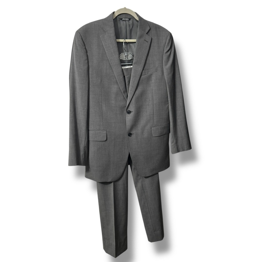 Saks Fifth Avenue Slim Fit Gray Wool Suit, Jacket 42L/42L Pants 35W - “Anton”